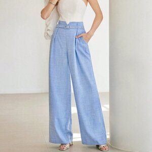 BLUE PREPPY WOMENS SOLID NOTCH WAIST FOLD PLEATED WIDE LEG SUIT PANTS